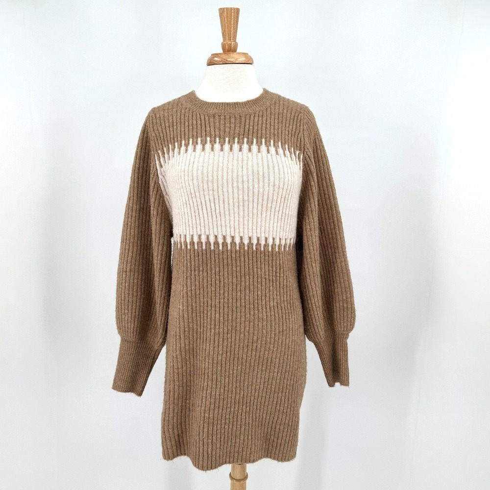 Midnight‎ Sun Tan/Cream Ribbed Knit Balloon Sleeve Colorblock Sweater Dress